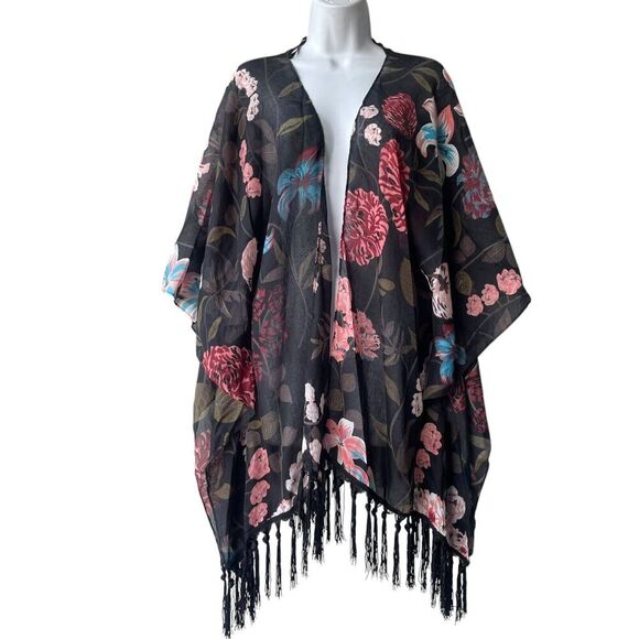 MUDD Fringes Kimono Top Cover Up One Size Floral Open Front 3/4 Sleeves Black - Picture 1 of 3
